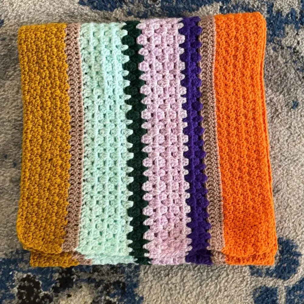 Vintage Striped Boho Crochet Table Runner 15x56 Inches Orange Gold Purple Green